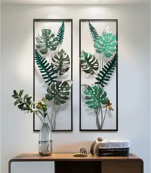 

European Wrought Iron Leaf Wall Hanging Crafts Decoration Livingroom 3D Wall Sticker Ornaments Home Corridor Wall Mural Pendant