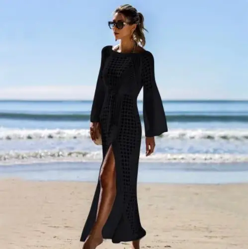 

European and American Popular Sexy Hollow Knitted Beach Skirt Long-Sleeved Split Skirt Holiday Dress Swimsuit Outer Blouse