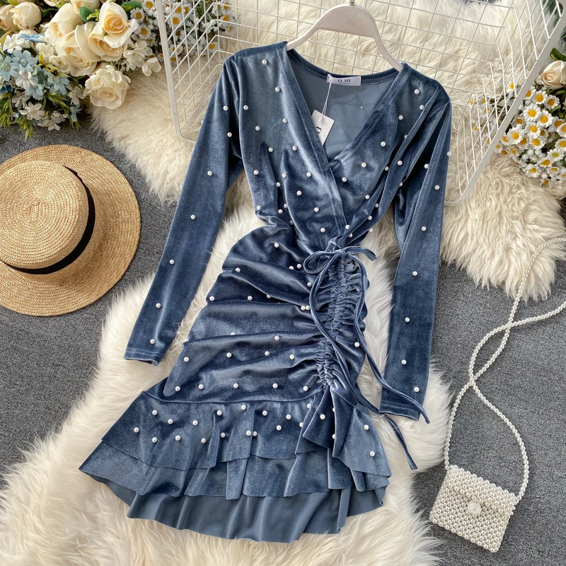 ALPHALMODA сезон весна; Новинка; в стиле ретро; Вельветовое платье с v-образным вырезом с длинным рукавом t-рубашка кофта шнурок нерегулярные рыбий хвост платье с оборкой