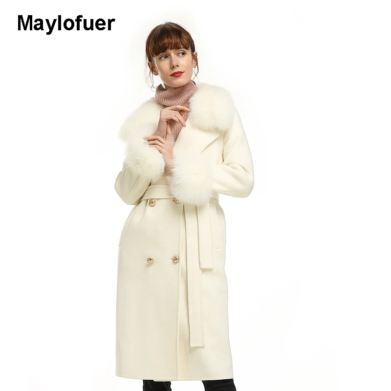 Maylofuer пальто с натуральным мехом, зимняя женская куртка, воротник из натурального Лисьего меха, кашемировая шерсть, длинная верхняя одежда, женская уличная одежда