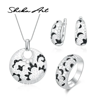 

SHIKA ART Fashion Jewelry Set for Women gift 925 Sterling Silver Black and White Flowers Pendant Earrings Ring Handmade Enamel