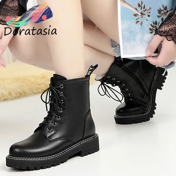 

DORATASIA Genuine Leather Women shoes lace Sewing Low Heel Shoes Casual Boots Women Brand Short Plush Warm Winter Boots