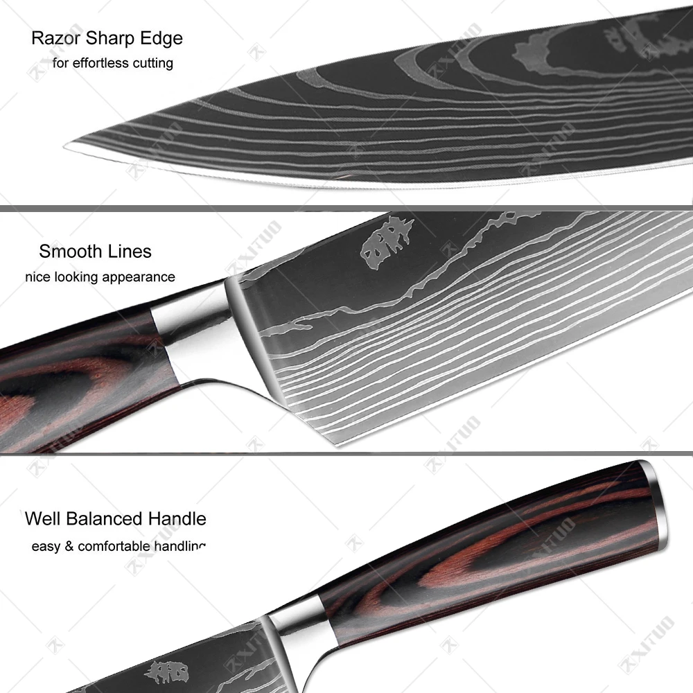 XITUO Kitchen Knife Japanese Knife Cooking Set 3 5 7 8 inch+Laser  Damascus Pattern Paring Fruit Vege Chef Knife Kitchen Tool