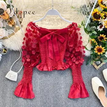 

Womens Blouses 3D Sexy French Sweet Mesh Flare Sleeve Slash Neck Three-dimensional Flowesolid Color Plus Size Short Ladies Tops