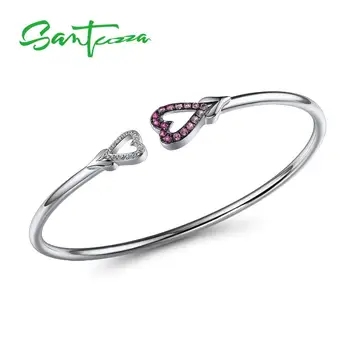 

SANTUZZA Bracelet Bangle for Women 925 Sterling Silver springy hollow pipe Pink Heart Adjustable Bangle Chic Fashion Jewelry