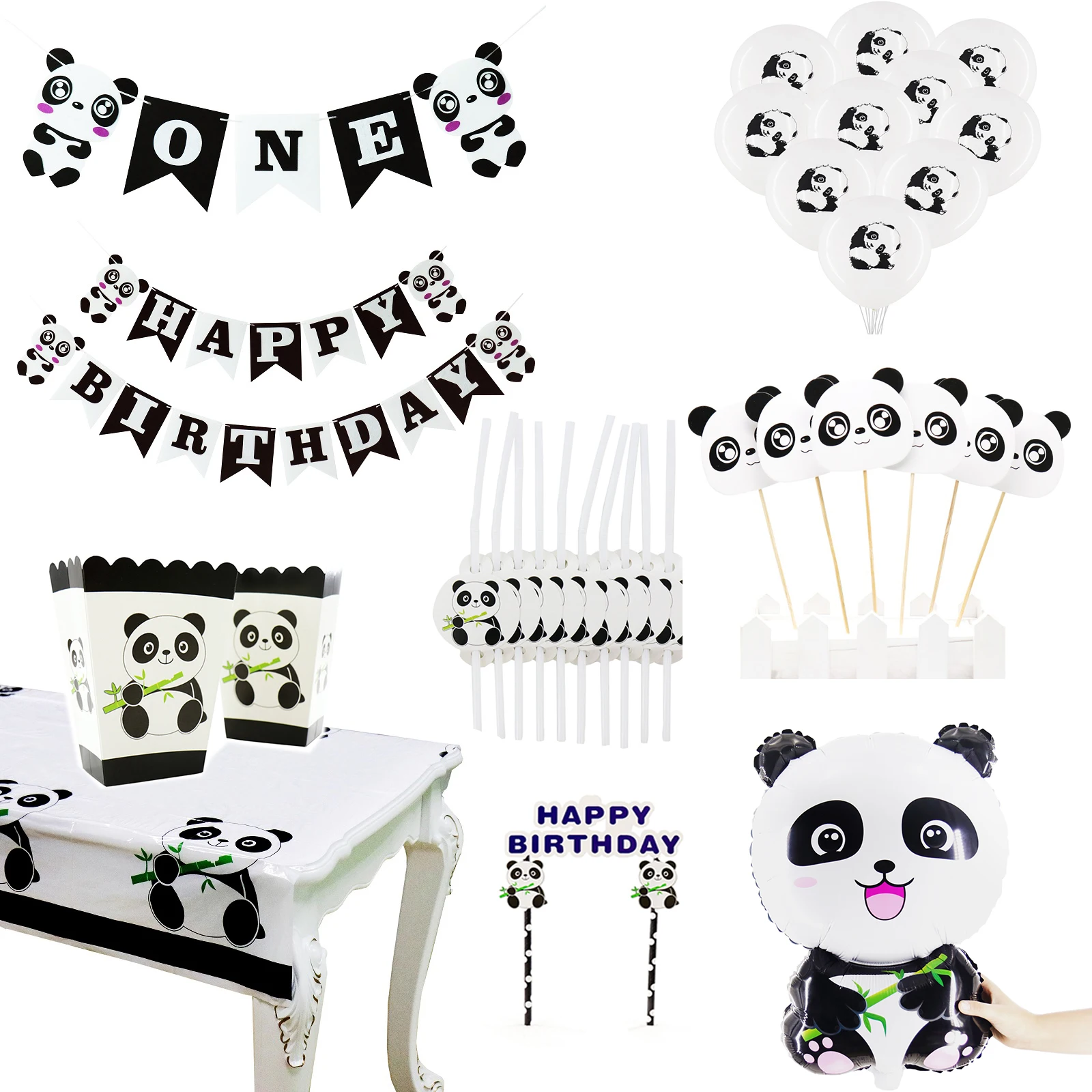 

Cartoon Panda Tableware Set Air Balloon Banner Disposable Plates Cups Napkin For Baby Shower Birthday Home Party Kids Favor