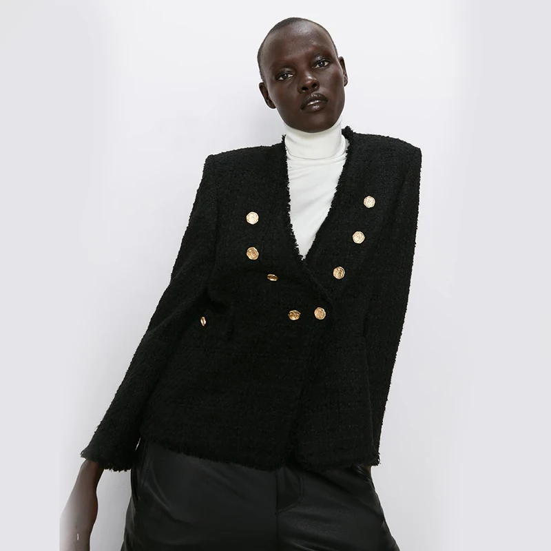 Женский двубортный пиджак Za черное облегающее шерстяное пальто на пуговицах