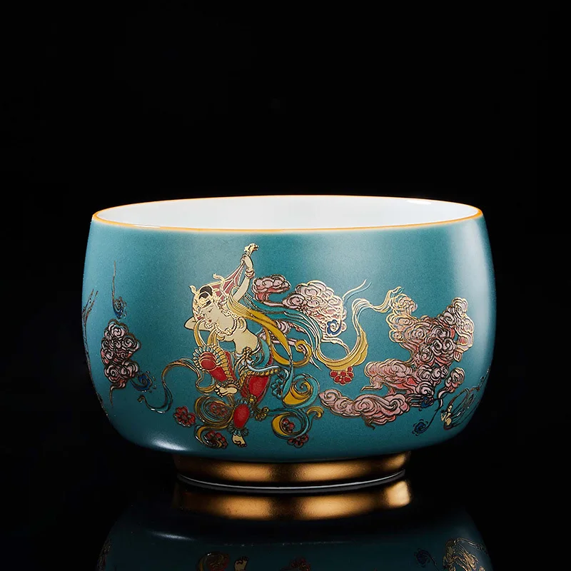 

Chinese Retro Ceramic Tea Cup With Color Enamel, Personal Kung Fu Tea Set with Classic Dunhuang Patterns