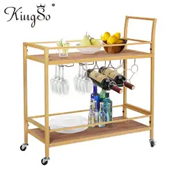 KINGSO – chariot de service en bois Vintage, 2 niveaux, pour Bar, vin, or, pour boissons 