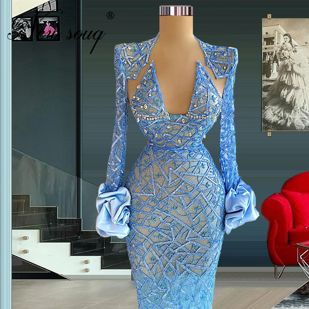 white evening gowns Blue See Through Beaded Party Dress Robes De Soiree Formal Celebrity Dress Long Elegant 2022 Couture Prom Evening Wear Dresses sexy evening dresses