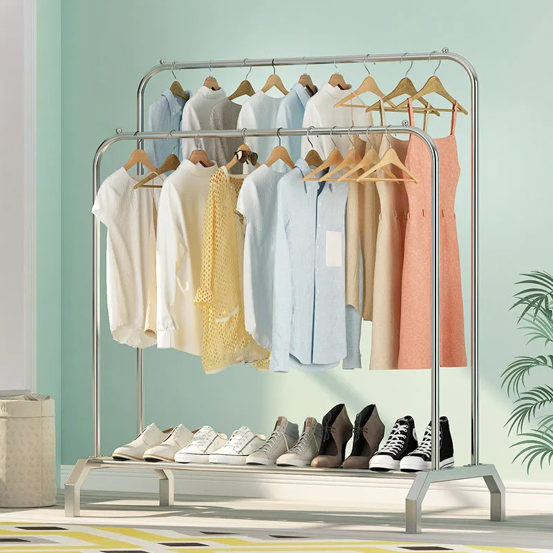 

Multifunction Floor-standing Drying Rack Stainless Steel Hanging Shelf Save Space for Bedroom Balcony Clothes Shoe Storage JC054