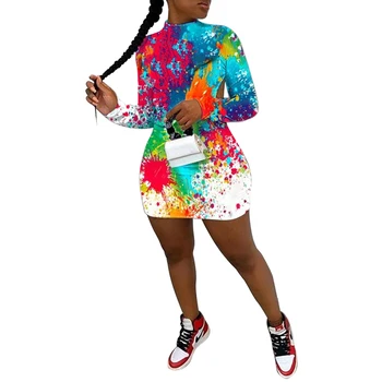 

Female Dress, Floral Print Mock Neck Long Sleeve One-Piece for Women, Purplish Red/Orange/Dark Blue