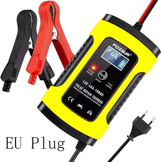 12V 7-Stage Pulse Repairing Charger with LCD Display Motorcycle & Car Battery Charger AGM GEL WET Lead Acid Battery Charger EU plug Yellow