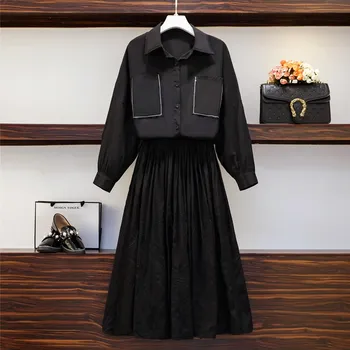 

Large Size Suit Two Piece Set Women Tops 2020 Autumn New Loose Long-Sleeved Loose Blouse Shirt +black Skirt Female Skirts Sets