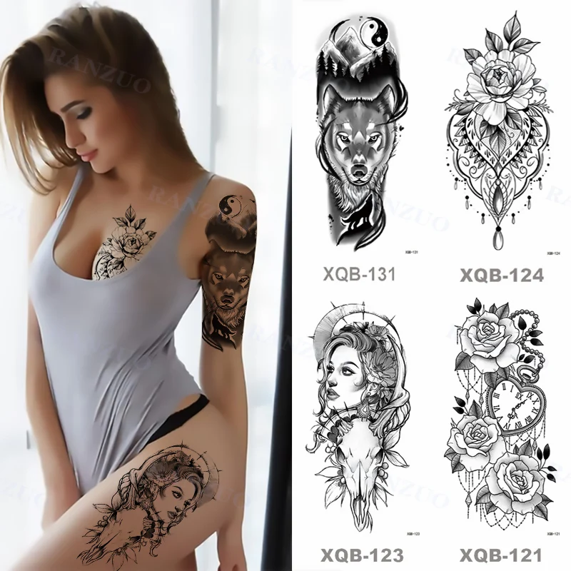 Pegatinas de tatuaje temporal a prueba de agua para hombre y mujer, tatuaje Negro Grande, Cráneo de Tigre, León, Lobo, rosa, pierna, pecho, tatuaje falso para brazo