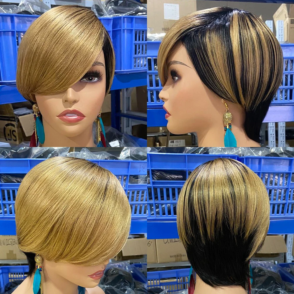 Pixie Cut Short Human Hair Wig With Bangs Straight Bob Short Human Hair Wigs Ombre Color 99j  Full Machine Wigs For Black Women
