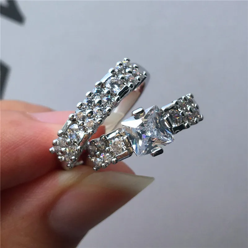 Silver Rongxing старинный набор обручальных колец с квадратным белым цирконием, желтое золото/925 серебро, двойные обручальные кольца, свадебные подарки - Цвет основного камня: Silver