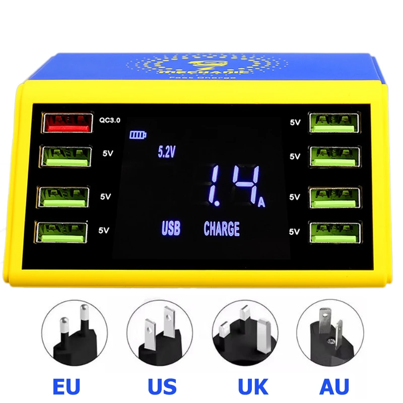  Mecánico 8 USB cargador inteligente QC 30 carga rápida Carga inalámbrica con pantalla LCD
