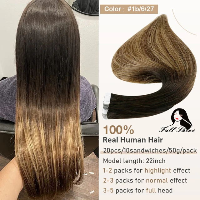 Full Shine Tape In Human Hair Extensions Blonde 100% Real Remy Human Hair Skin Weft Adhesive Glue On For Salon High Quality 1b 6 27