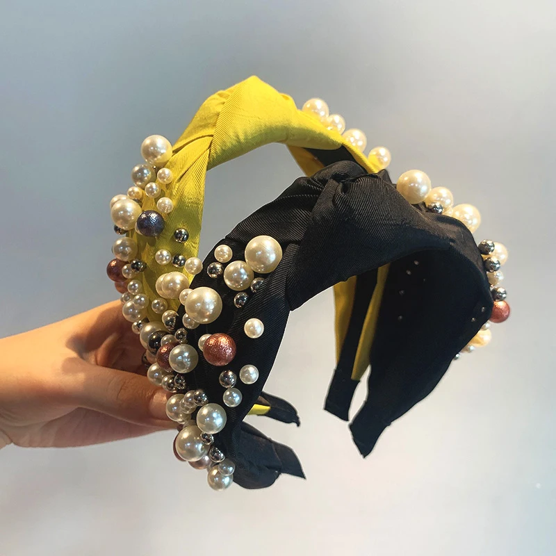 

New Fashion Women Headband Wide Side Baroque Hairband Pearls Rhinestone Headwear Casual Vintage Hair Accessories Turban