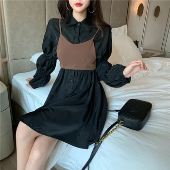 

Women Elegant Fashion Two Piece Set Blouse Dress Sling Spring Autumn New Solid Lapel Single Breasted Puff Sleeve Slim Female Set