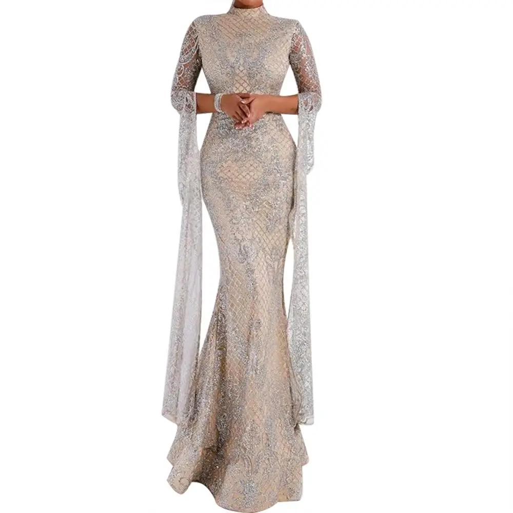 Echoine Women Silver Slim Maxi Dress Long Sleeve Party Autumn Winter Sexy Elegant Sundress Female Vintage Wed Ladies Clothing