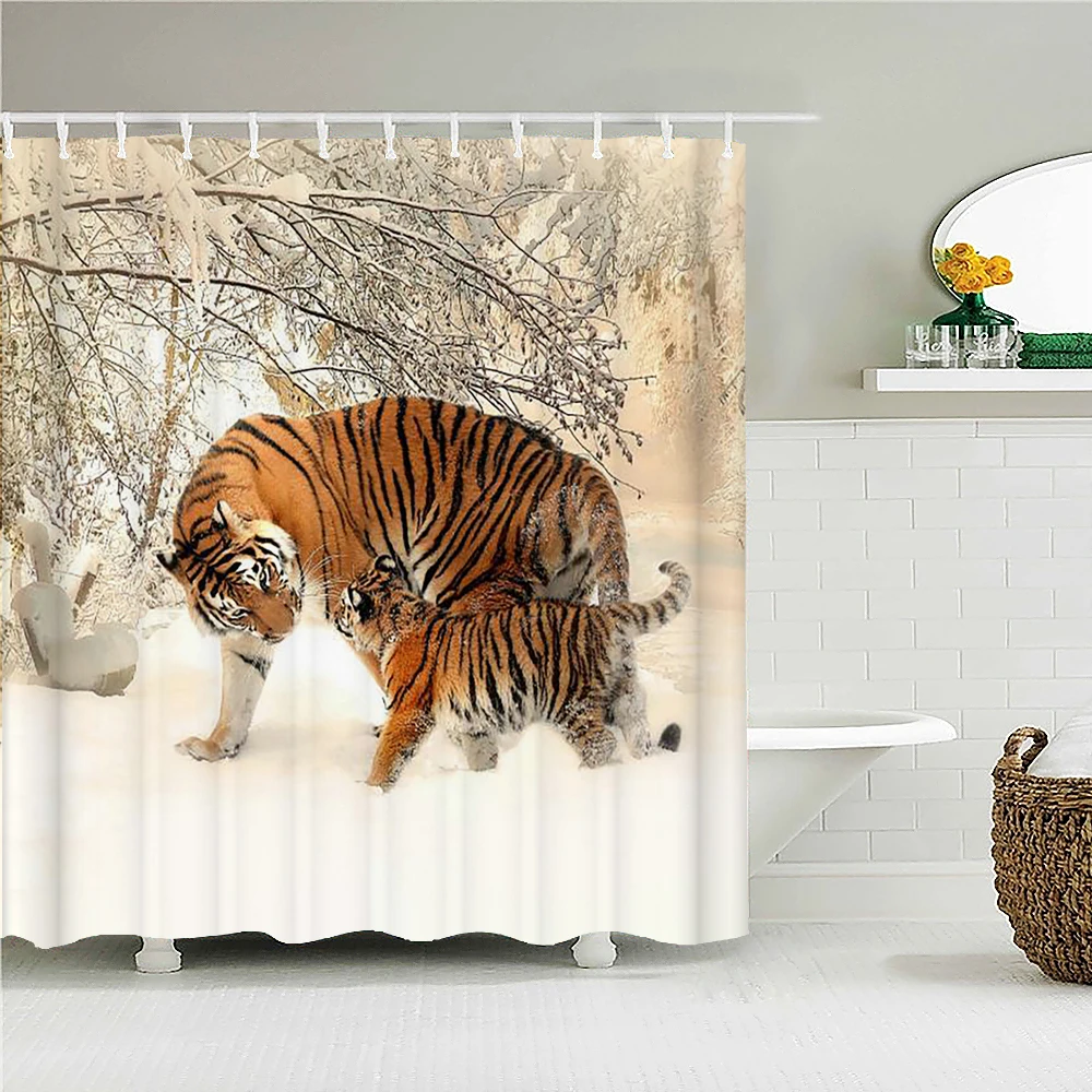 

High Quality Tiger Fabric Shower Curtain Waterproof Multi-size Animal Bath Curtains Bathroom Decor with Hooks 300X180
