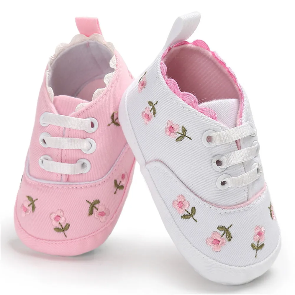 Pudcoco Cute Baby Girl Crib Shoes Newborn Flower Embroidery Soft Sole Prewalker Sneakers