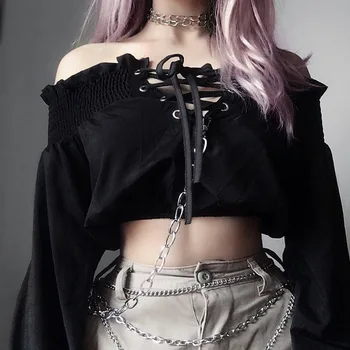 

2019 Punk Dark T-shirt Women Gothic Cropped Hollow Out Pleated Puff Sleeve Top Tees New Fashion Streetwear Female T-shirt Black