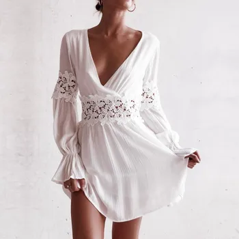

Women Lace Patchwork Dress Flare Sleeve Solid Color Mini Dress Sexy Deep V-Neck Elegant Boho Beach Dresses Sukienka #BL5
