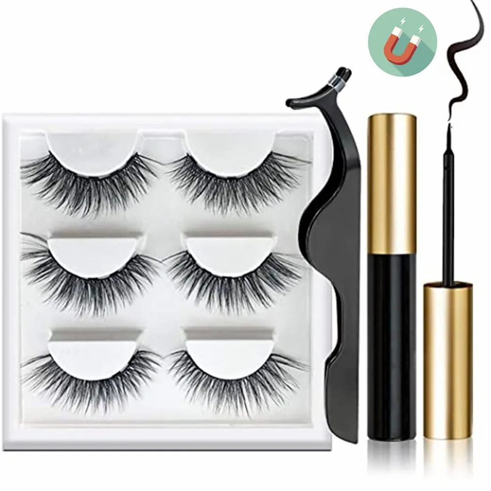 

3 Pairs 3D Mink Eyelashes Natural No Magnetic Liquid Eyeliner& False Eyelashes & Tweezer Set Tool Thick Eye Lashes Extension