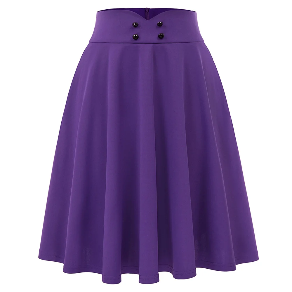 Фиолетовый Для женщин юбка в классическом винтажном и ретро-стиле Лолита на кнопках с карманами сплошной цвет Высокая Талия расклешенное ТРАПЕЦИЕВИДНОЕ ПЛАТЬЕ длиной до колен с коротким и широким подолом юбка леди