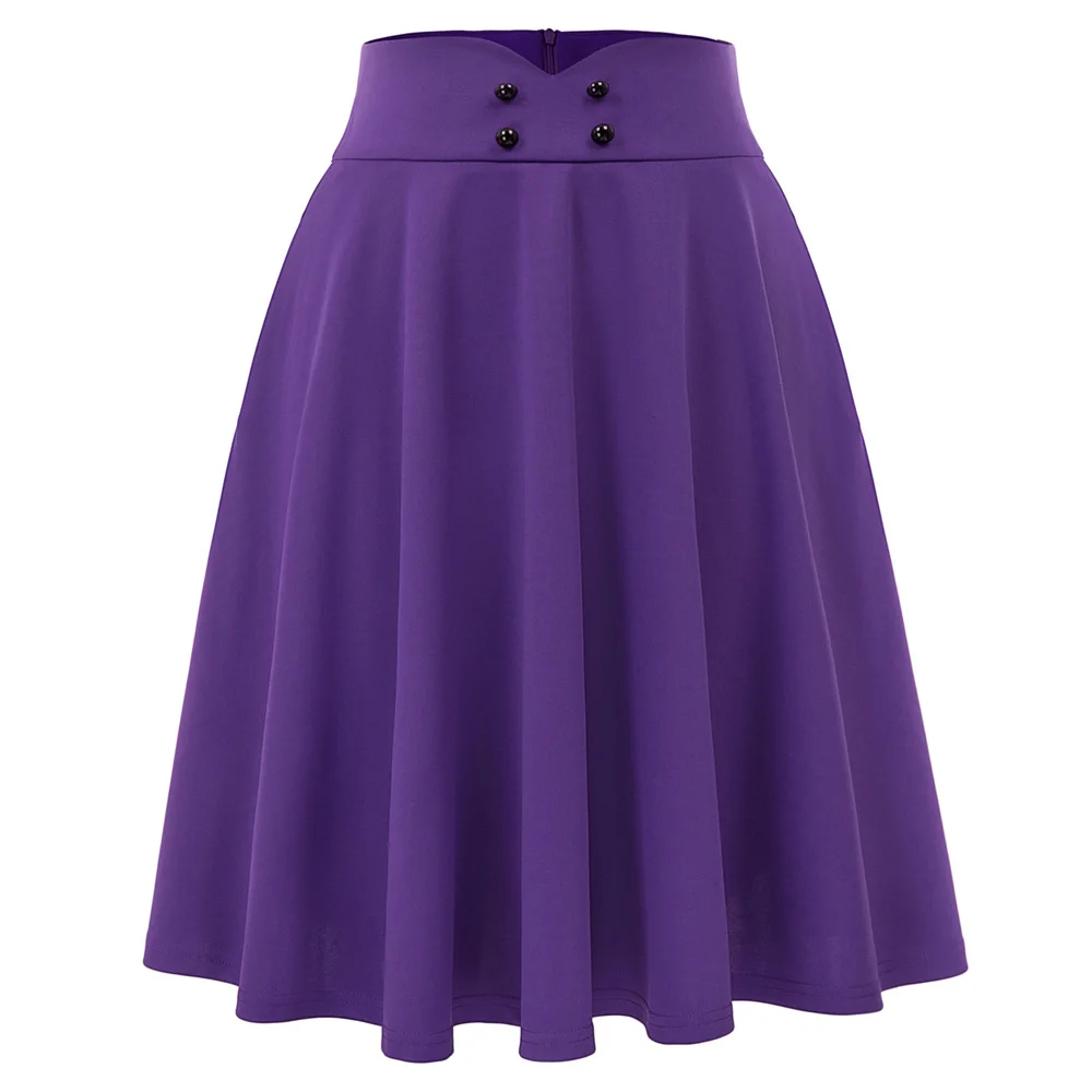 

Purple Women skirt vintage retro elegant lolita Button Pocket Solid color High Waist Flared A-Line knee-length skater skirt lady