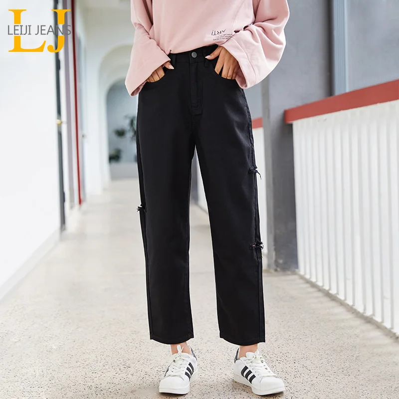 Женские свободные неэластичные джинсы LEIJIJEANS черные до щиколотки с высокой