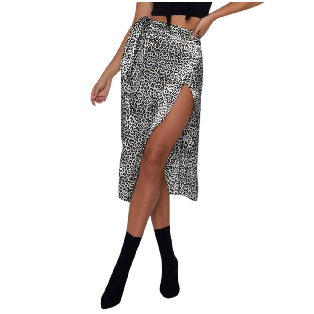 Female High Waist Bandage Leopard Printing Wrap Satin Bow Sexy Split Skirts faldas mujer moda юбки женские кожаная юбка Female High Waist Bandage Leopard Printing Wrap Satin Bow Sexy Split Skirts faldas mujer moda юбки женские кожаная юбка