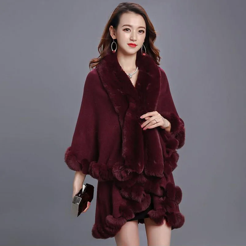 winered Осенняя женская накидка с меховым воротником из кроличьего меха, женская накидка, пальто, пончо, зимняя женская однотонная модная накидка красного и черного цвета для женщин - Цвет: winered