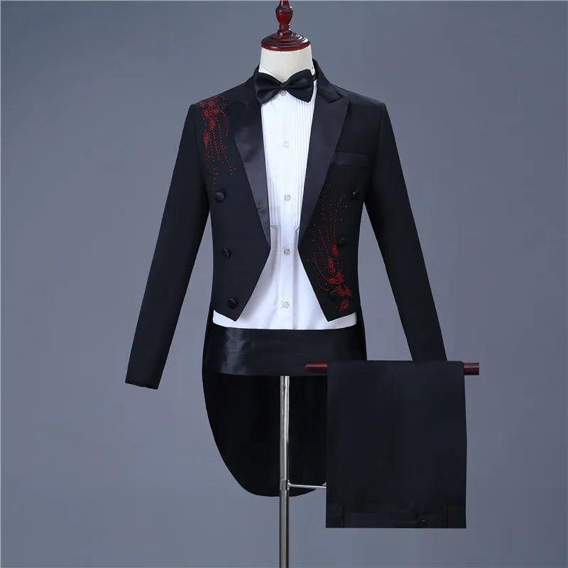 as picture fashion men's classic tuxedo suit set slim up and down inlay diamond adorn black tuxedo prom party set(tail coat+belt+pant - Цвет: as picture