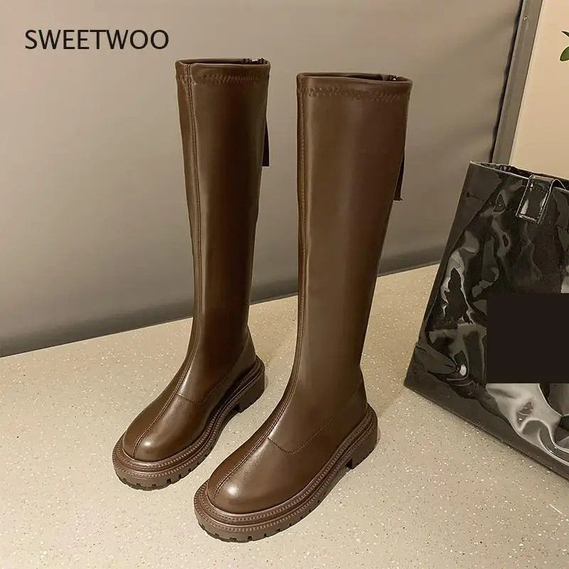 2022 Winter Long Brand Women's Boots Knee High Luxury Chelsea Chunky Platform Shoes Zipper Round Toe