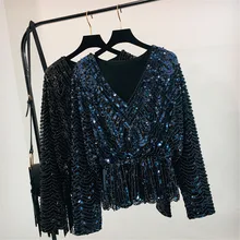 

New European Style Sequins Shirt Women Fashion Bling Long Sleeved T-shirt Bat Sleeve V Collar Sequined Crop Top