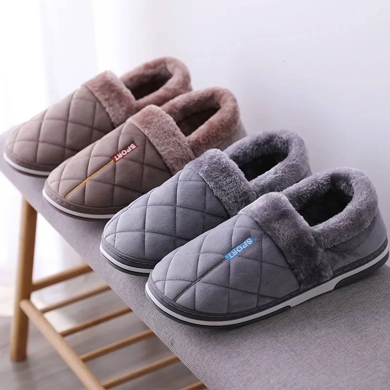 Winter Men's Slippers Large Size 45-50 Suede Gingham Shallow Warm House Slippers Man PVC Solid Soft Slippers Male