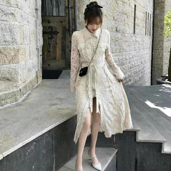 

VERDEJULIAY High Design European Vintage Dresses Women Sexy Hollow Out Lace Long Dress