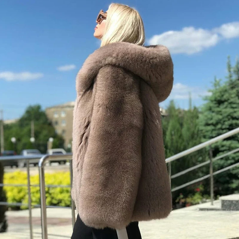 Зимнее модное пальто с капюшоном из лисьего меха для женщин, Толстая теплая куртка из голубого меха лисы, пальто из натурального меха