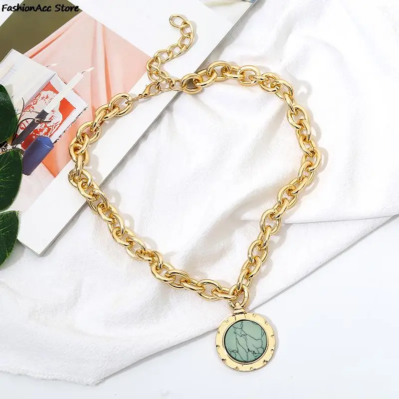 Punk Round Coin Pendant Choker Necklace Green Stone Blue Crystal Dangle Thick Vintage Chain Long Jewelry | Украшения и аксессуары