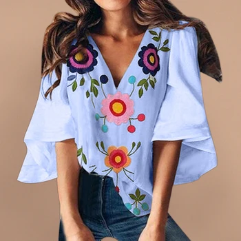 

Summer Embroidery Flower Print Blouses Elegant Women Tops and Blouses Deep V-Neck Latern Sleeve Shirts Ladies Floral Blusas 2020