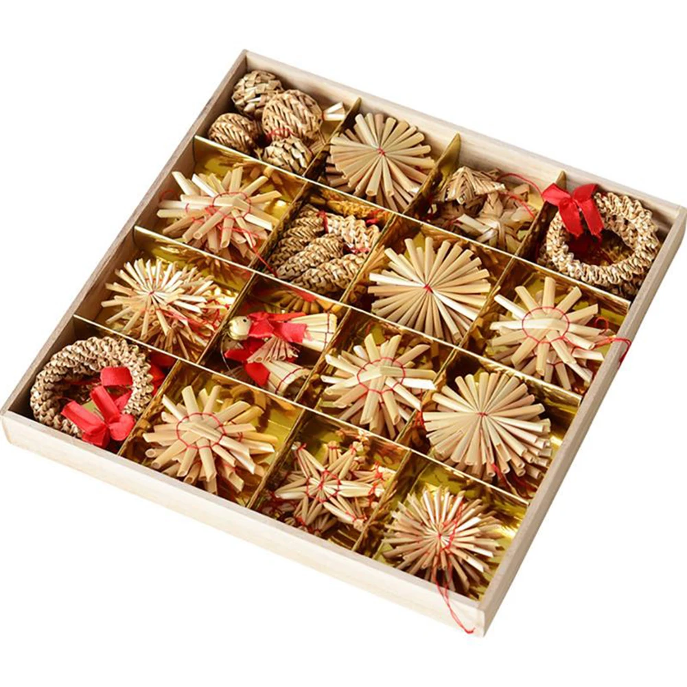 

56pcs Christmas Handmade Pendant Tree Decoration Wheat Mini Straw Star Snowflake Snowman Hanging Ornament Xmas Tree Home Decor