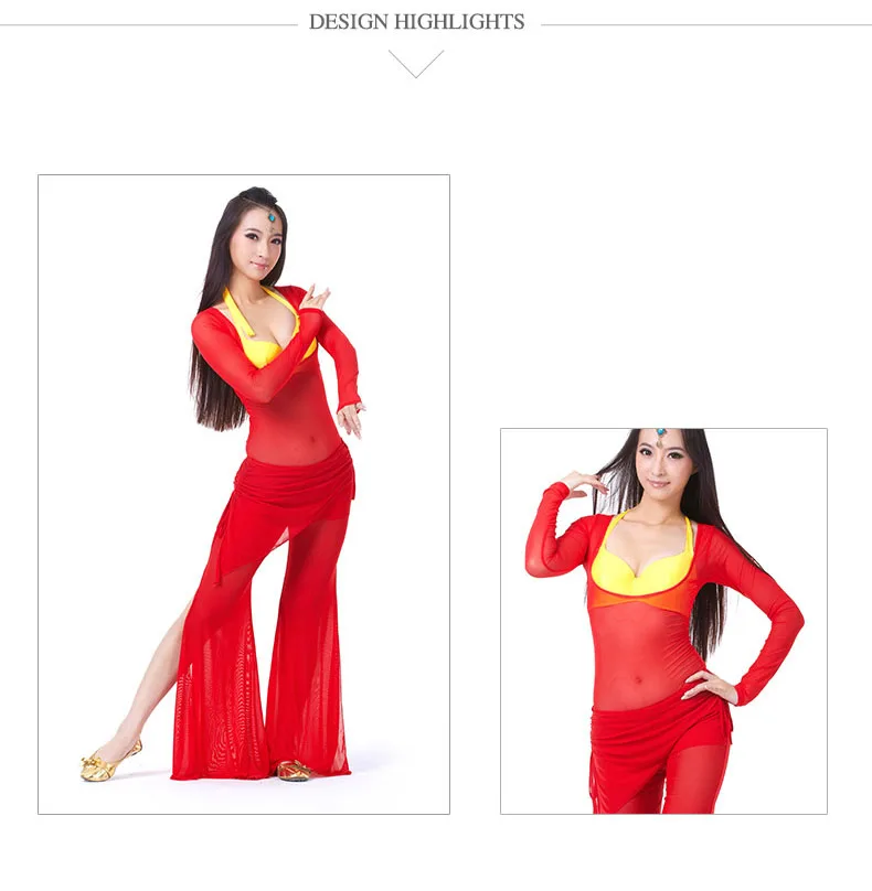 Women Sexy Belly Dance Costume Long Sleeve Mesh Suit Belly Dance Sets Autumn Winter Dance Long Pants Split Perspective 10 Colors