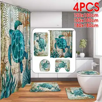 

Sea Turtles 4 In 1 Waterproof Fabric Bathroom 3D Shower Curtain Set with Non Slip Toilet Cover Rugs Mat Home Decoration