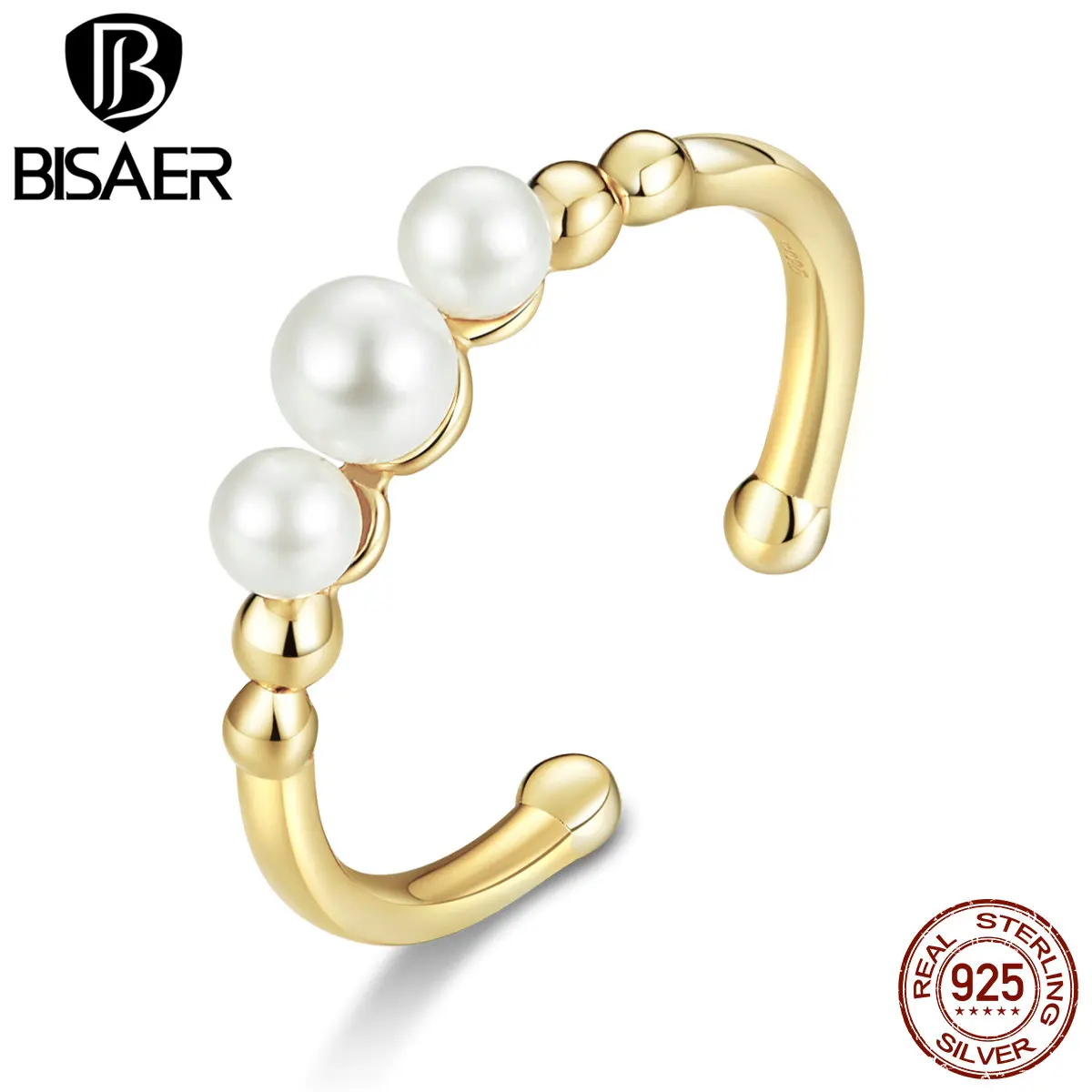 Кольца BISAER, 925 пробы, серебряные Регулируемые кольца на палец для женщин, элегантные женские кольца с пресноводным жемчугом, ювелирные изделия EFR058