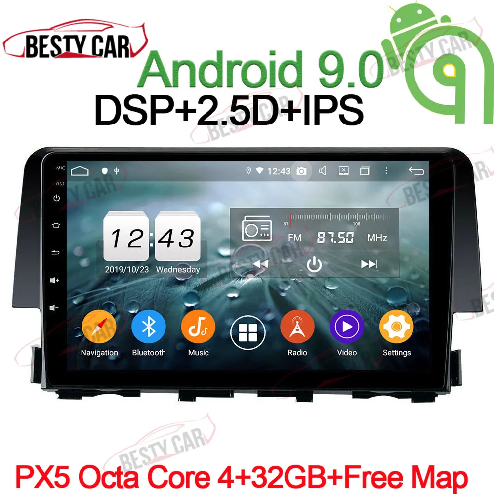 " ips Android 9,0 Автомобильный мультимедийный плеер Авто Радио стерео для Honda Civic gps навигация wifi OBD2 DSP - Цвет: PX5-A-4-32GB-DSP