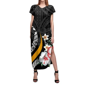 Polynesian Samoan Tribe Gradient Dress Hawaiian Puletasi Printed Lotus Strapless Long Dress Print Ladies Sexy Summer Dress